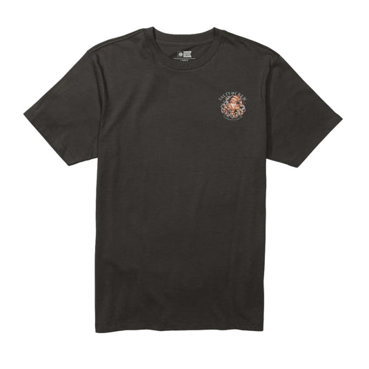 Black t-shirt with a logo on a white background