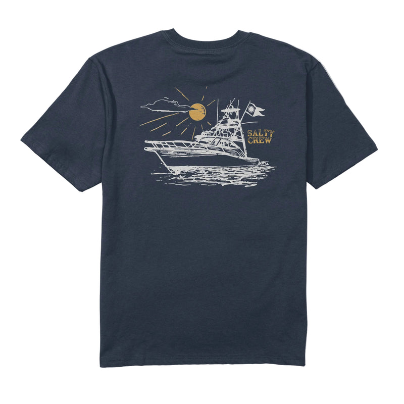 Load image into Gallery viewer, Navy blue t-shirt with a ship graphic and 'Salty Crew' logo on a white background
