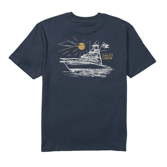 Navy blue t-shirt with a ship graphic and 'Salty Crew' logo on a white background