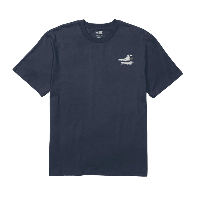 Load image into Gallery viewer, Navy blue t-shirt with a small white Salty Crew and ship logo on a white background
