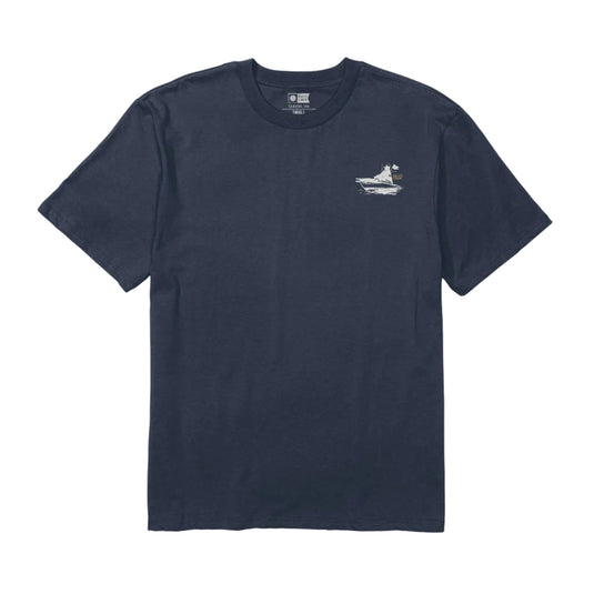 Navy blue t-shirt with a small white Salty Crew and ship logo on a white background