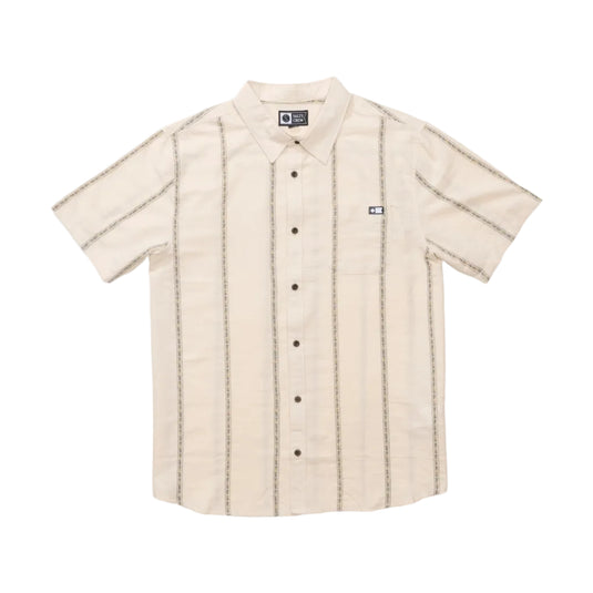 Beige short-sleeve shirt with button details on a white background