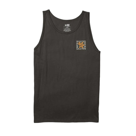 Black tank top with a Salty Crew logo and floral pattern on the on the front left chest area on a white background