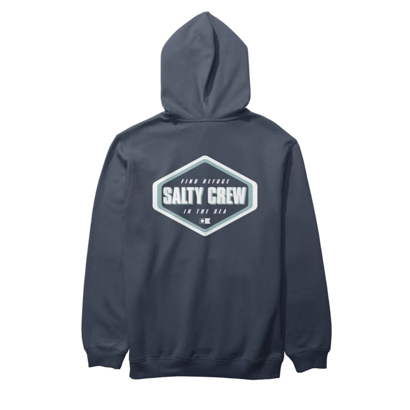 Load image into Gallery viewer, Navy hoodie with Salty Crew logo on the back against a light gray background
