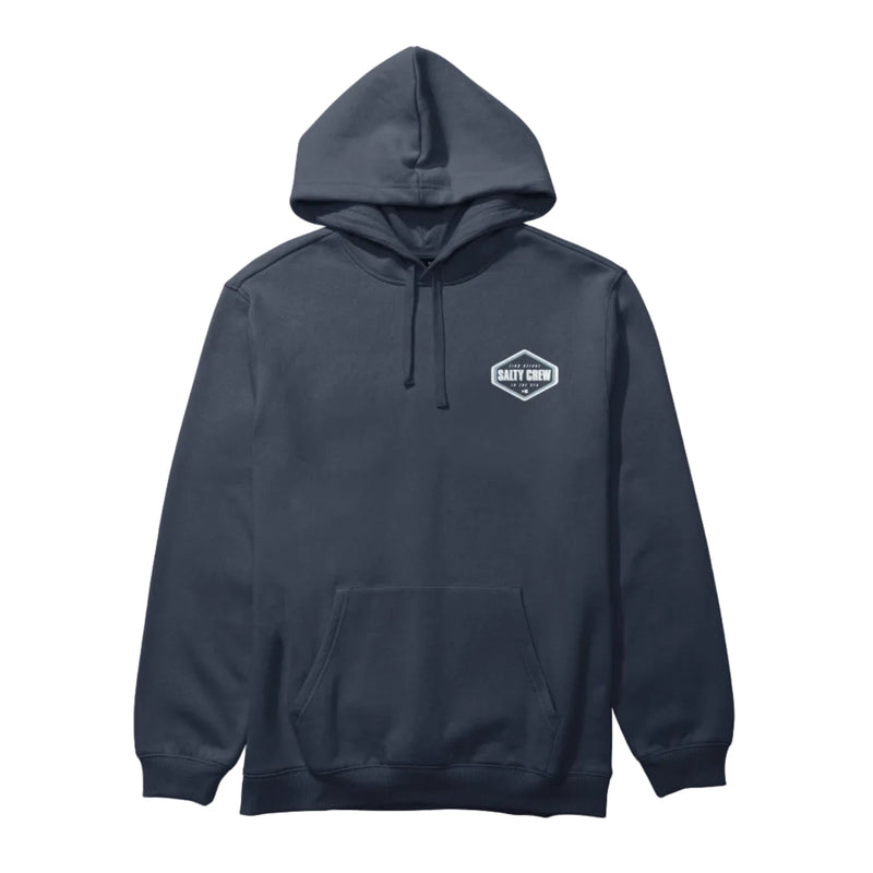 Load image into Gallery viewer, Navy hoodie with a small graphic on the chest against a white background
