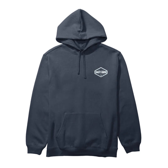 Navy hoodie with a small graphic on the chest against a white background