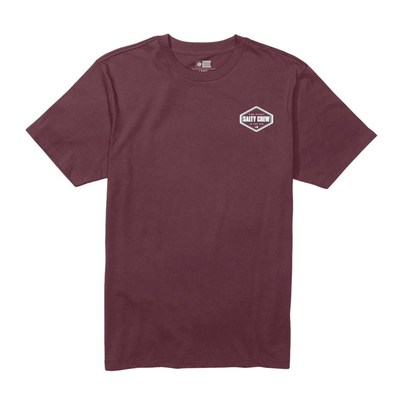 Load image into Gallery viewer, A short-sleeve crewneck t-shirt in maroon with a small white geometric logo on the left chest, displayed flat against a light gray background.
