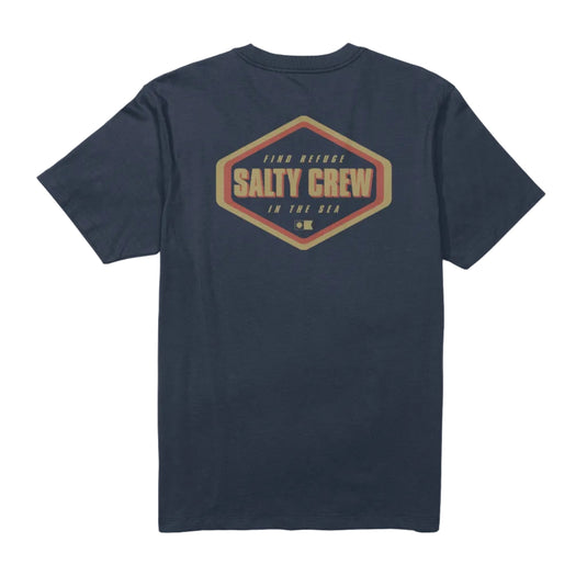 Navy blue t-shirt with Salty Crew logo on a white background