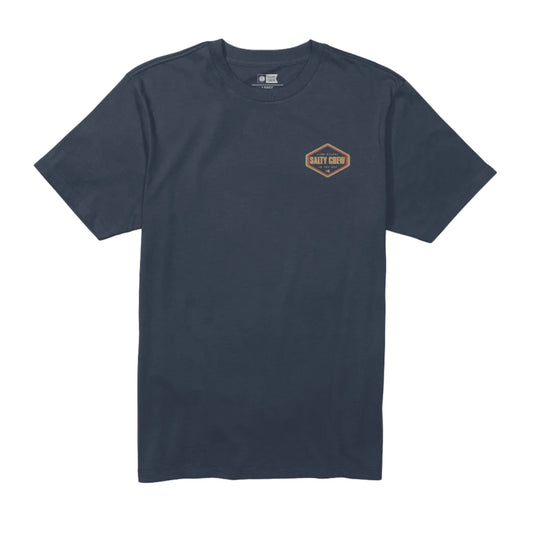 Navy t-shirt with a logo on a white background