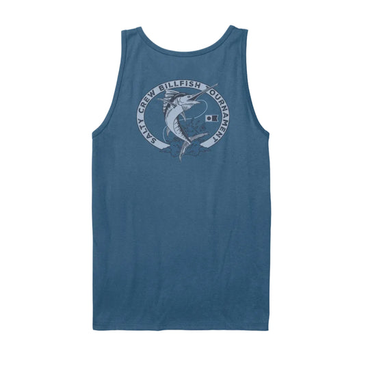 Blue tank top with a graphic design on a white background