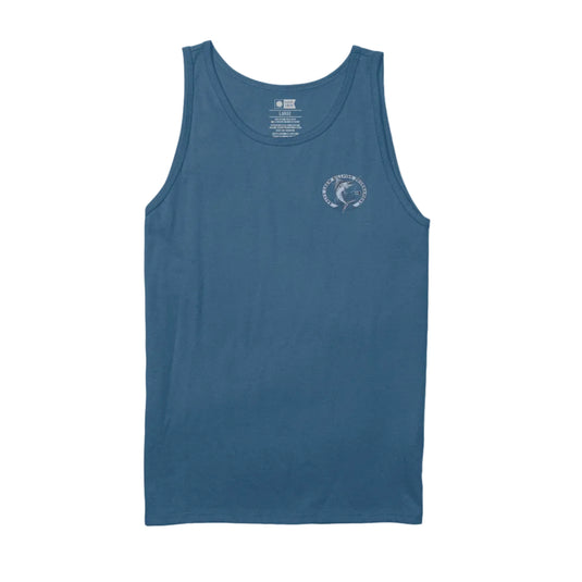 Blue tank top with a logo on a white background