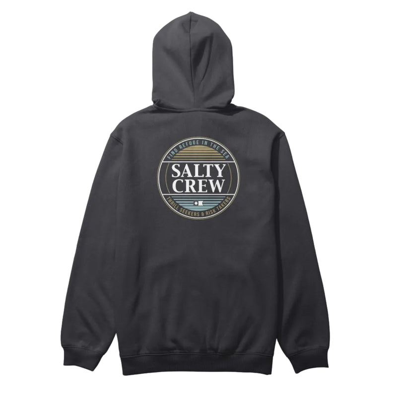 Load image into Gallery viewer, Black hoodie with Salty Crew logo on the back against a white background
