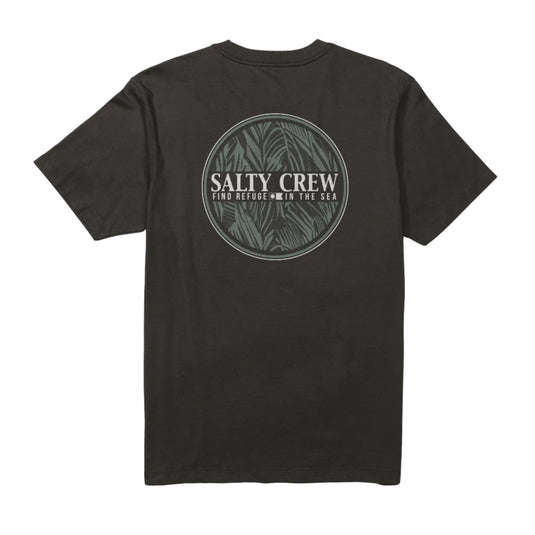 Black t-shirt with Salty Crew logo on a white background