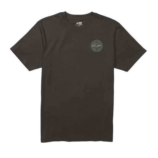 Black t-shirt with a Salty Crew logo on a white background