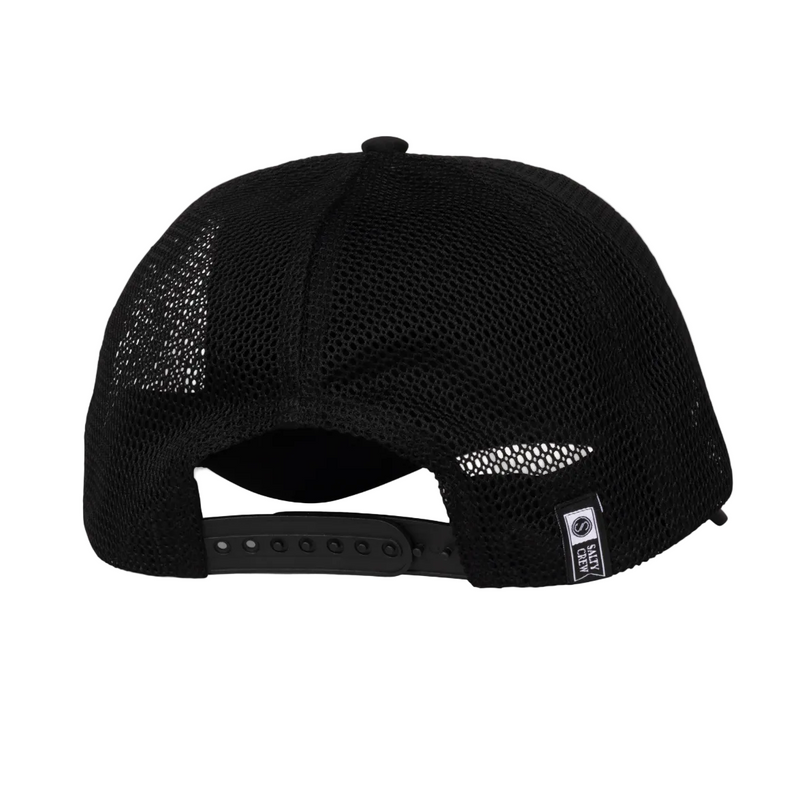 Load image into Gallery viewer, Black mesh cap with a Salty Crew brand logo on a white background
