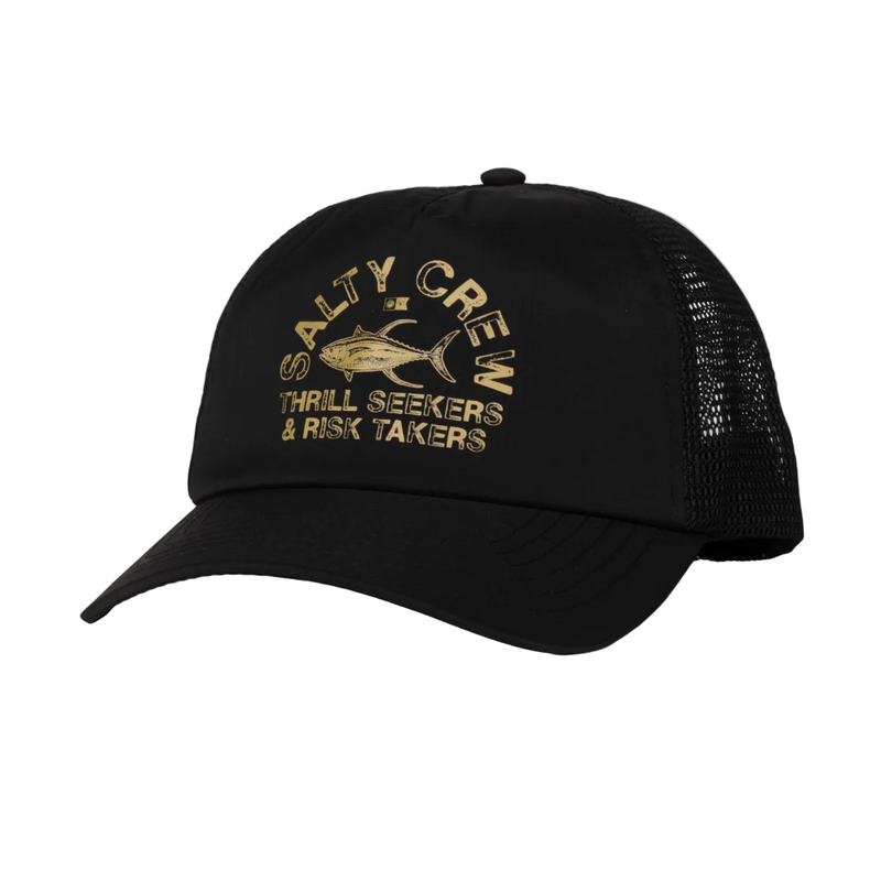 Load image into Gallery viewer, Black cap with gold text and Salty Crew logo on a white background
