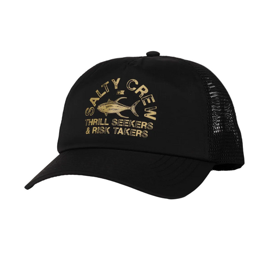 Black cap with gold text and Salty Crew logo on a white background