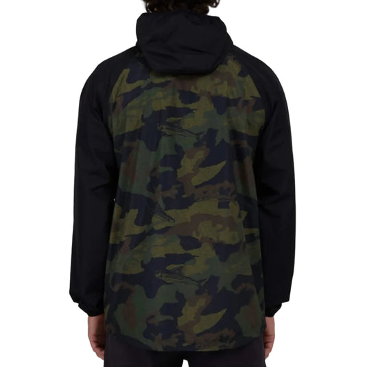 Person wearing a camouflage jacket with black sleeves on a white background