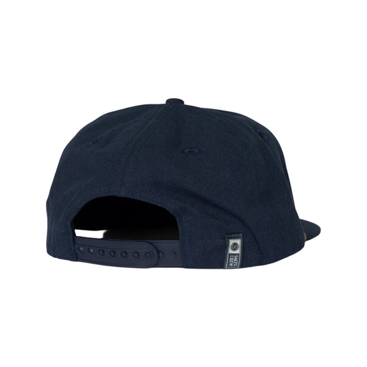 Navy blue cap with a brand logo on the back against a gray background