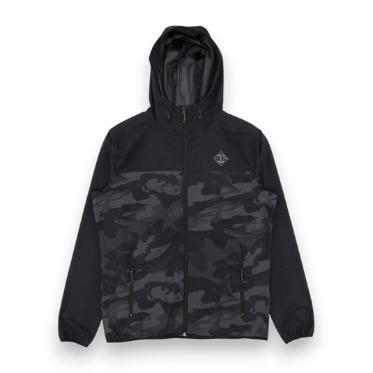 Black camouflage jacket with a hood on a white background
