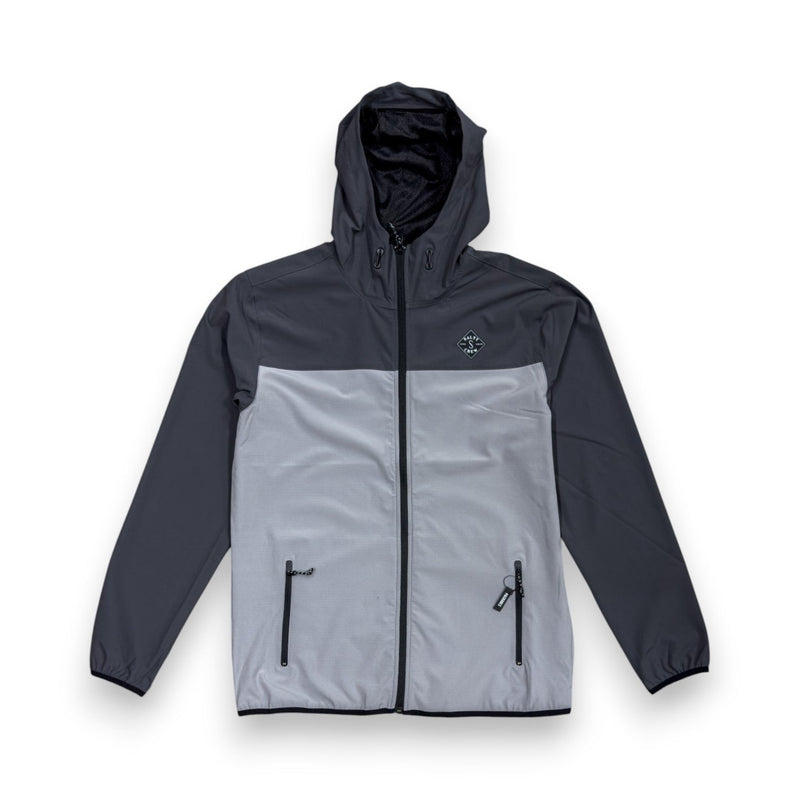 Load image into Gallery viewer, Two-tone gray and black jacket with a hood on a white background
