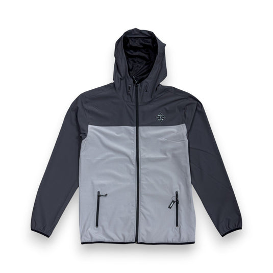 Two-tone gray and black jacket with a hood on a white background