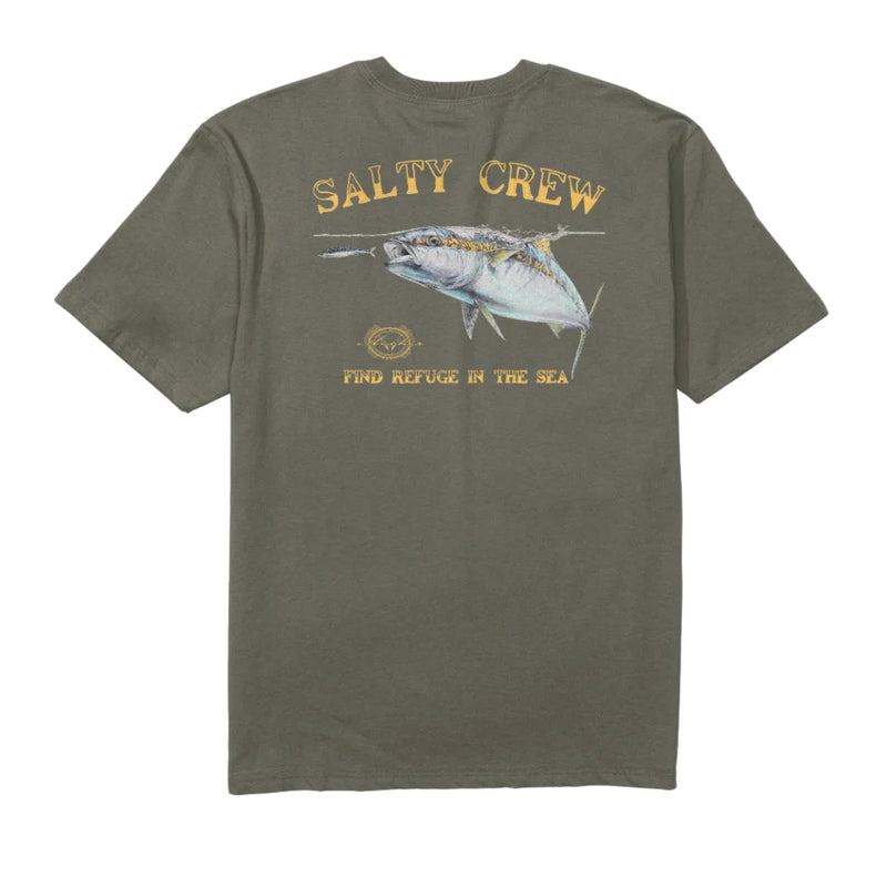 Load image into Gallery viewer, Green t-shirt with Salty Crew logo and fish illustration on a white background
