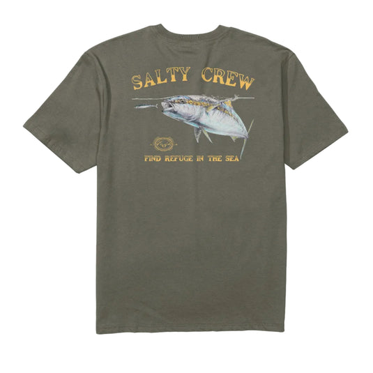Green t-shirt with Salty Crew logo and fish illustration on a white background