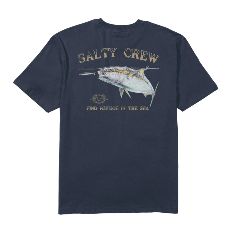 Load image into Gallery viewer, Navy blue t-shirt with Salty Crew graphic and fish design on a white background
