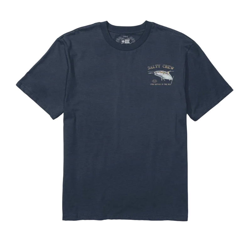 Load image into Gallery viewer, A navy blue short-sleeve crewneck t-shirt with a small white graphic on the left chest reading 'SALTY CREW' displayed flat against a light gray background.
