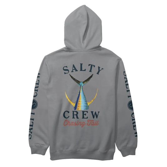A gray pullover hoodie shown from the back, featuring a large graphic print of a marlin tail and the words 'SALTY CREW' with 'Chasing Tail' underneath. The sleeves also feature vertical 'SALTY CREW' text.