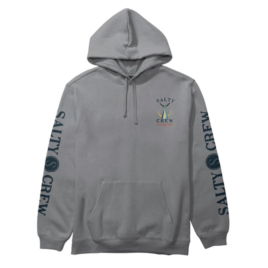 Gray hoodie with Salty Crew logo on a white background