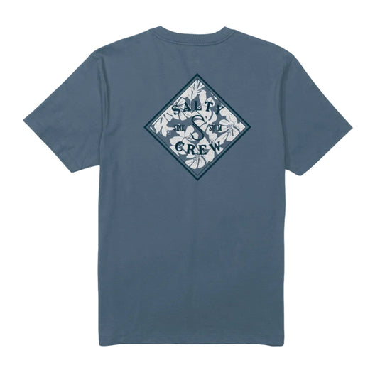 Blue t-shirt with a geometric design on the back against a white background