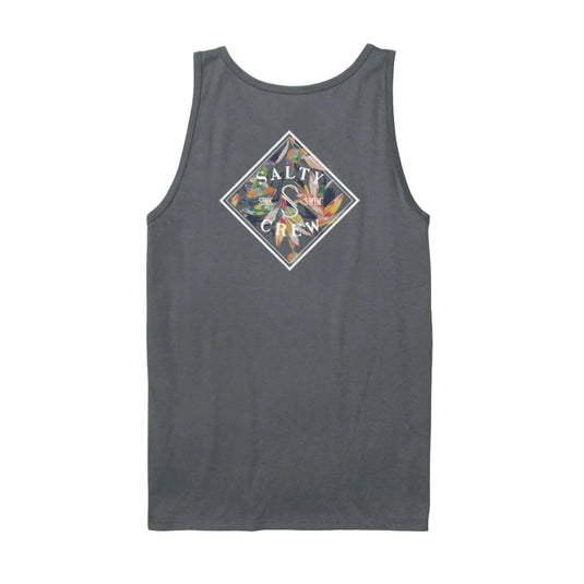 Charcoal tank top with 'Salty Crew' logo on a white background