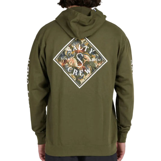 Green hoodie with a floral Salty Crew logo on the back, worn by a person.