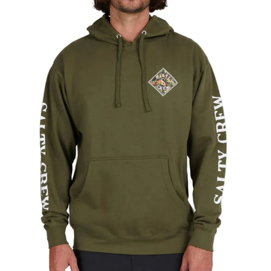 Person wearing a green hoodie with 'Salty Crew' branding on a white background