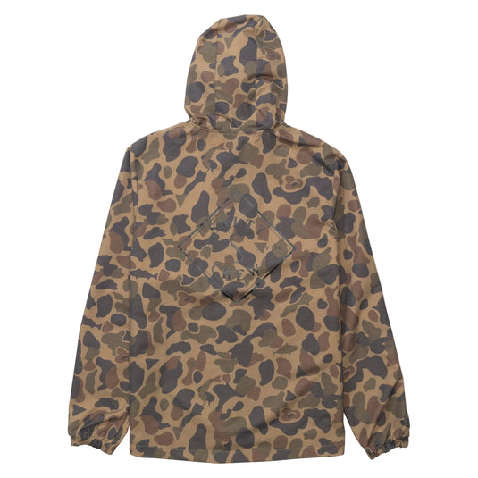 A hooded jacket with a brown and dark green camouflage pattern, shown from the back against a plain white background.
