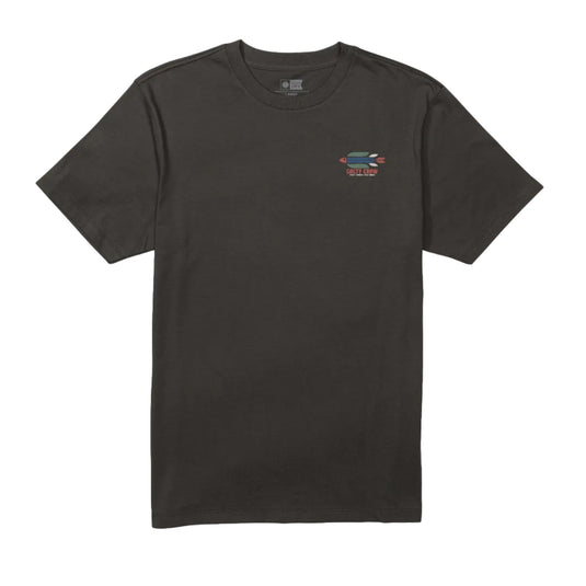 Black t-shirt with a small colorful logo on a white background