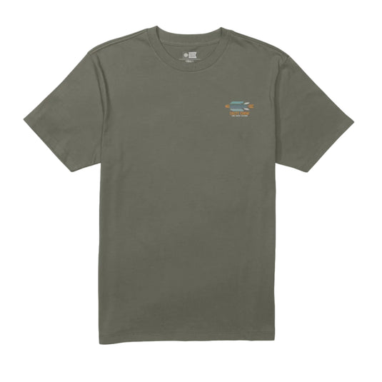 Green t-shirt with a small logo on a white background