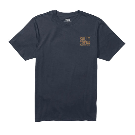 Navy blue t-shirt with a logo on a white background