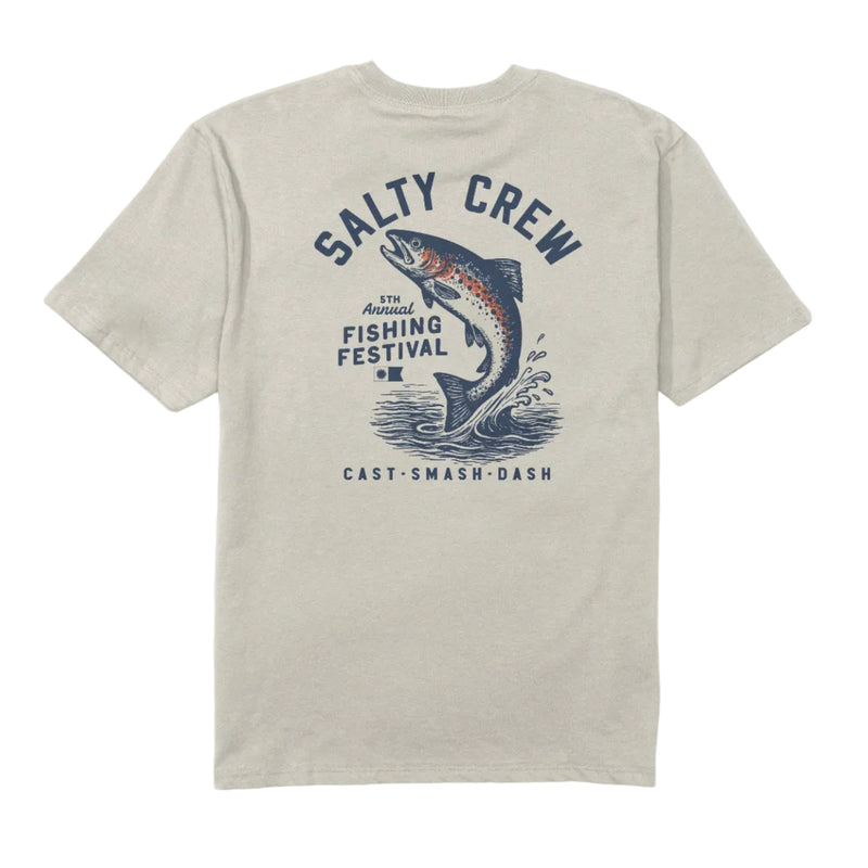 Load image into Gallery viewer, A light beige heather crewneck t-shirt featuring a vintage-style graphic print of a jumping fish with the text 'SALTY CREW' and 'FISHING FESTIVAL' in navy blue.
