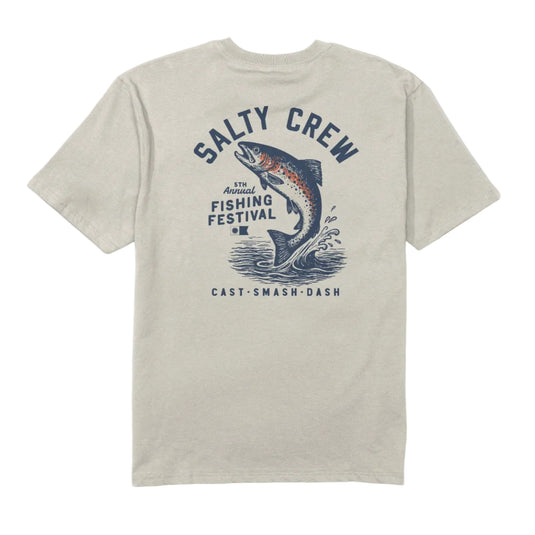 A light beige heather crewneck t-shirt featuring a vintage-style graphic print of a jumping fish with the text 'SALTY CREW' and 'FISHING FESTIVAL' in navy blue.