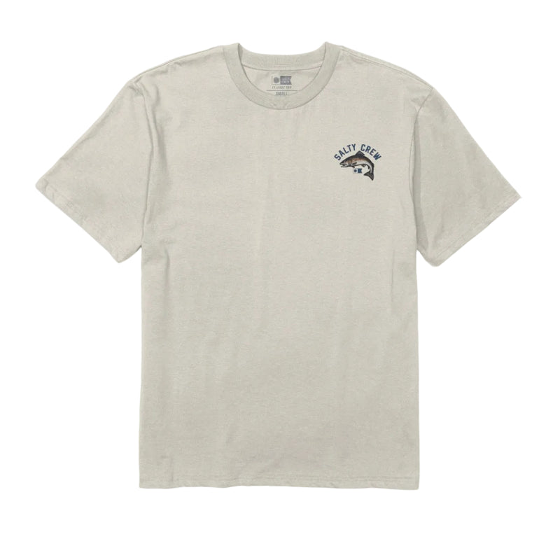 Load image into Gallery viewer, A light beige crewneck t-shirt with a small black graphic on the left chest, displayed flat against a light gray background.
