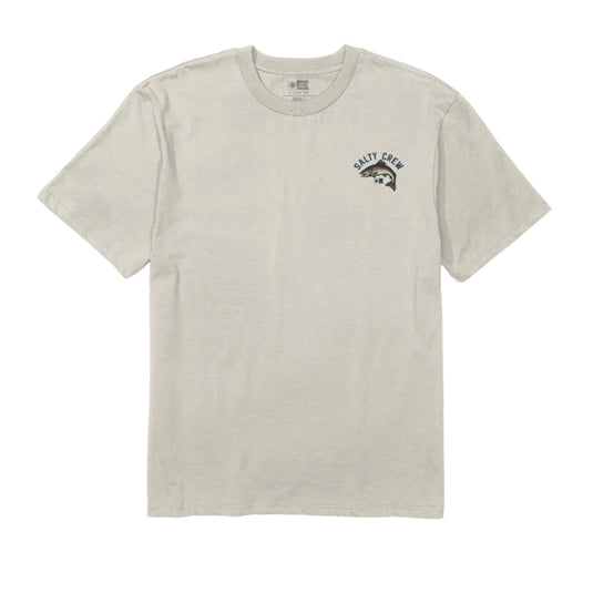 A light beige crewneck t-shirt with a small black graphic on the left chest, displayed flat against a light gray background.