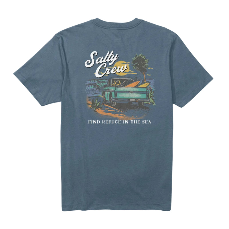 Load image into Gallery viewer, A heathered slate blue t-shirt shown from the back, featuring a vintage-style graphic of a teal truck, palm tree, and a surfboard with the text 'Salty Crew' and 'FIND REFUGE IN THE SEA'.
