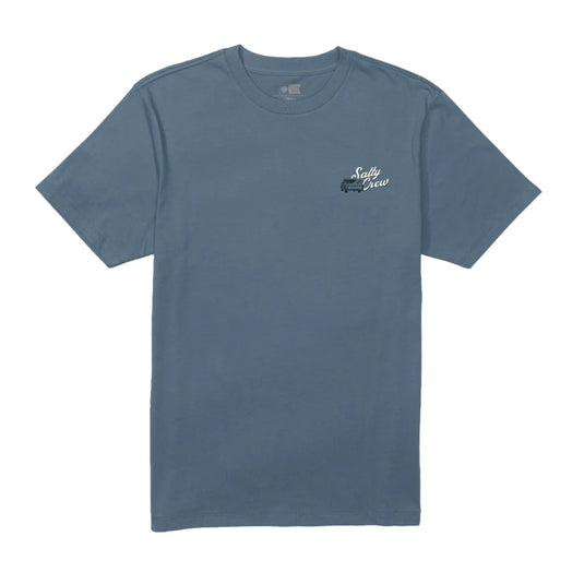 A slate blue crewneck t-shirt with a small white and black graphic on the left chest, displayed flat against a light gray background.