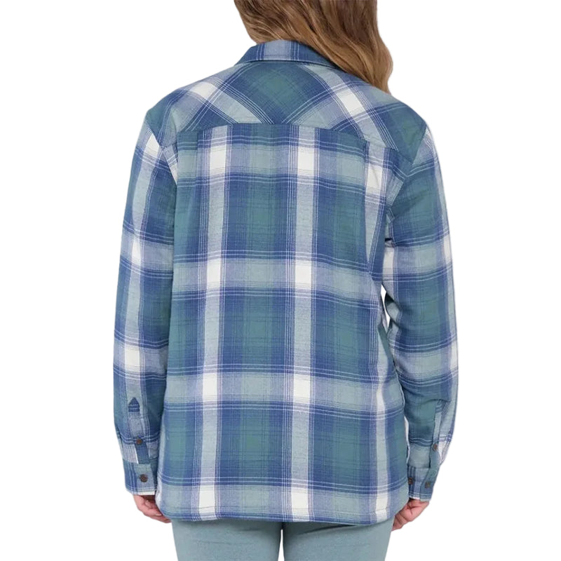 Load image into Gallery viewer, Person wearing a blue and green plaid shirt on a white background
