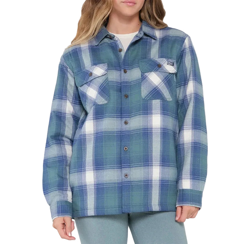 Load image into Gallery viewer, Blue plaid shirt worn by a person on a white background
