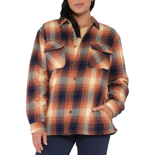 Person wearing a plaid shirt on a white background