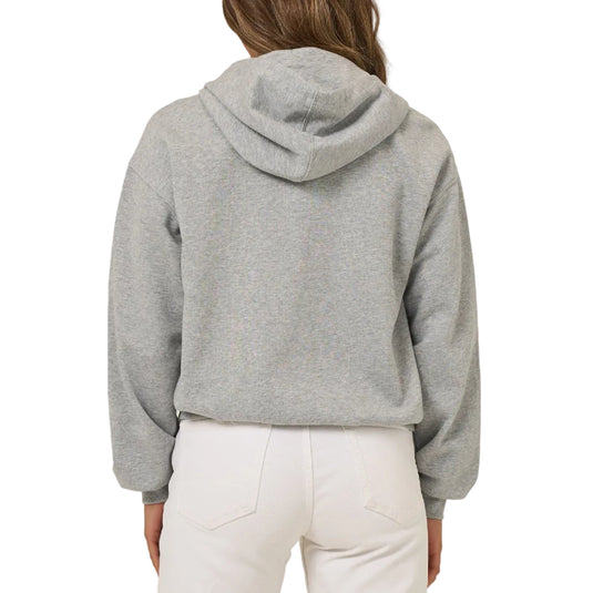 Person wearing a gray hoodie from behind on a white background